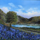 Lake District art original oil painting Rannerdale Bluebells by Ben Goymour. Bright blue skies fields of bluebells and a large tree with fell range in the distance.