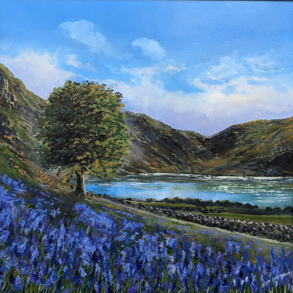 Lake District art original oil painting Rannerdale Bluebells by Ben Goymour. Bright blue skies fields of bluebells and a large tree with fell range in the distance.