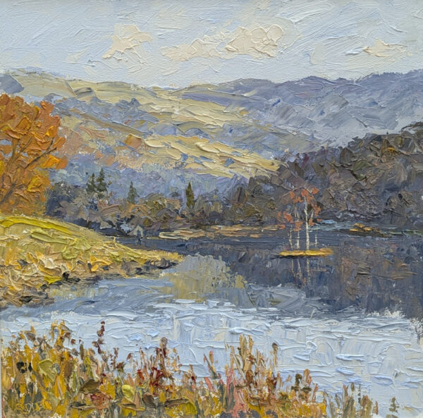 Lake District art original oil painting by Jeff Sudders. Rydal water. impasto painting overlooking island and reflections