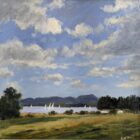 lake district art original oil painting by local artist Jeff Sudders. Blue cloudy sky green fields and sailboats in the distance on lake Windermere.