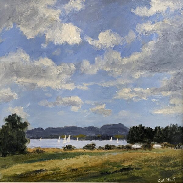 lake district art original oil painting by local artist Jeff Sudders. Blue cloudy sky green fields and sailboats in the distance on lake Windermere.