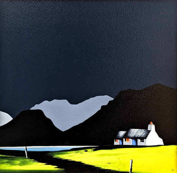 Lake District art original acrylic painting Scafell Pike by Jay Nottingham in his contemporary style with mountain silhouettes of Wasdale Head with a white cottage in the foreground.