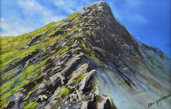 Lake District art original oil painting by Ben Goymour of a peak of a mountain central in the composition and blue skies.