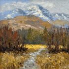 lake district art original oil painting by local artist Jeff Sudders. The painting features wintry Wetherlam fells in the distance and a beautiful meadow and trees in the foreground