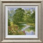 lake district art original oil painting textured oil landscape by terry evans beautiful countryside scene of a stream with a woodland path and wildflowers in summer stepping stones