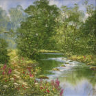 lake district art original oil painting textured oil landscape by terry evans beautiful countryside scene of a stream with a woodland path and wildflowers in summer stepping stones