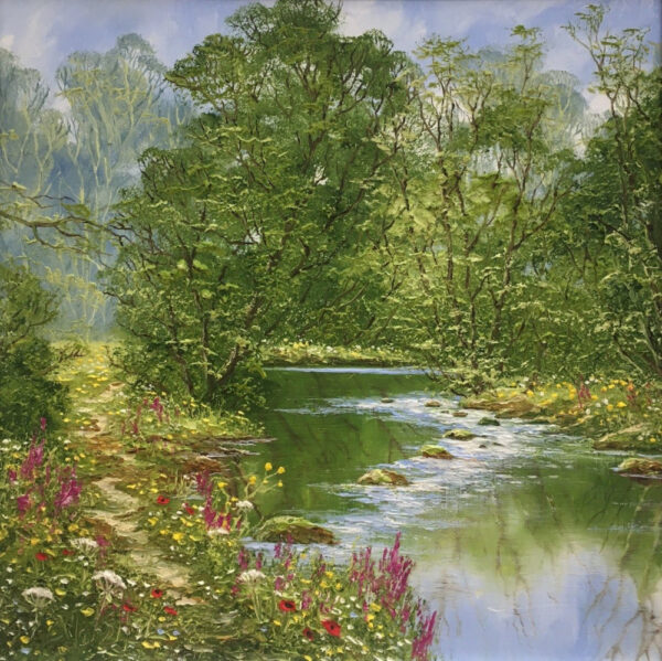 lake district art original oil painting textured oil landscape by terry evans beautiful countryside scene of a stream with a woodland path and wildflowers in summer stepping stones