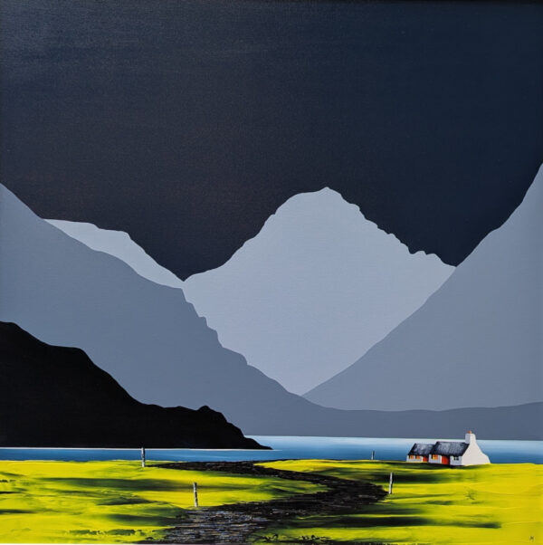 lake district art original acrylic painting by artist jay nottingham. graphic silhouettes overlooking wastwater and wasdale fells great gable kirkfell with dark skies
