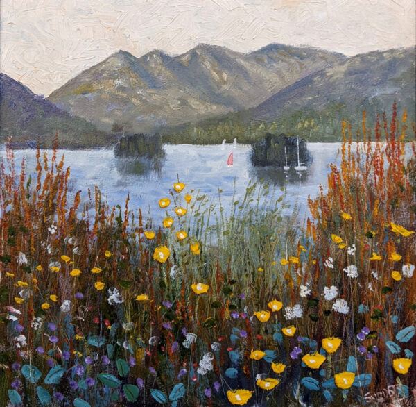 Lake District art original oil painting by Jeff Sudders featuring Windermere islands bright textured flowers and foliage in the foreground sailboats in the water.