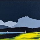 Lake District art original acrylic painting Windermere and the Langdale Pikes by Jay Nottingham in a long panorama with dramatic mountain silhouettes in blues with cottage in the foreground.