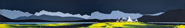 Lake District art original acrylic painting Windermere and the Langdale Pikes by Jay Nottingham in a long panorama with dramatic mountain silhouettes in blues with cottage in the foreground.