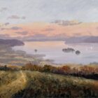Lake District art original oil painting A September Evening Windermere by Jeff Sudders. Featuring a hillside view of a sunset over the lake with distant mountains