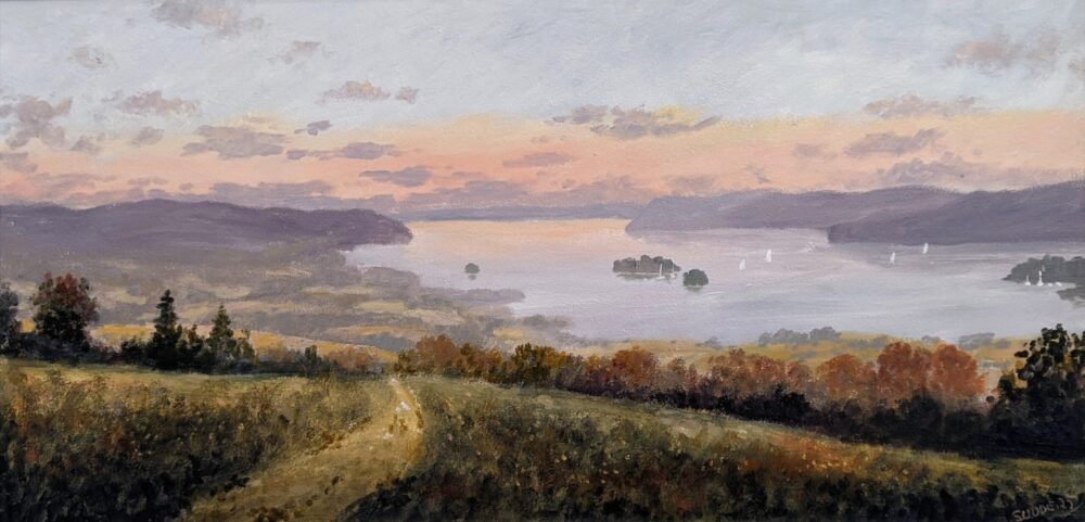 A September Evening Windermere Lake District art original oil painting A September Evening Windermere by Jeff Sudders. Featuring a hillside view of a sunset over the lake with distant mountains