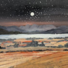 Lake District art original oil painting by Jeff Sudders. A starlit evening over windermere. dark skies and colourful fields look over lake towards silhouetted langdale pike fells