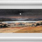 Lake District art original oil painting by Jeff Sudders. A starlit evening over windermere. dark skies and colourful fields look over lake towards silhouetted langdale pike fells