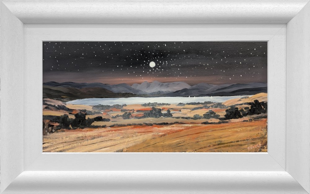 Lake District art original oil painting by Jeff Sudders. A starlit evening over windermere. dark skies and colourful fields look over lake towards silhouetted langdale pike fells