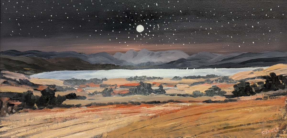 A Starlit Evening over Windermere Jeff Sudders Lake District art original oil painting by Jeff Sudders. A starlit evening over windermere. dark skies and colourful fields look over lake towards silhouetted langdale pike fells