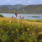 Lake District art print by Jeff Sudders. A summer scene with colourful flowers in the foreground Derwentwater and mountains in the background.
