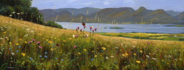 Lake District art print by Jeff Sudders. A summer scene with colourful flowers in the foreground Derwentwater and mountains in the background.