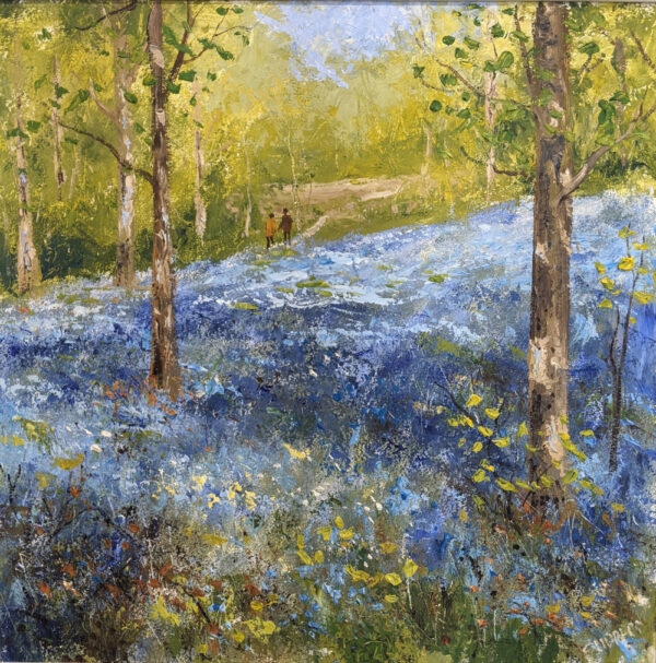 Lake District art original oil painting by Jeff Sudders Springtime in Jeffey Knotts Wood Ambleside. Woodland scene with bluebells covering the ground. A couple walking in the distance.