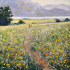 Lake District art original oil painting by Jeff Sudders featuring afternoon stroll. Fields of multi coloured flowers a couple walking along the footpath. Lake and fells in the distance.