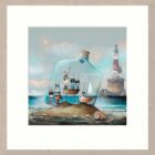 Ammonite by Gary Walton. Limited edition prints. A little seaside village inside a bottle washed up on the beach. Lighthouse in the distance.