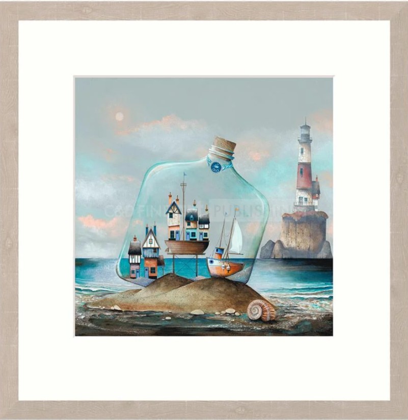 Ammonite by Gary Walton. Limited edition prints. A little seaside village inside a bottle washed up on the beach. Lighthouse in the distance.