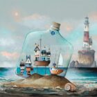 Ammonite by Gary Walton. Limited edition prints. A little seaside village inside a bottle washed up on the beach. Lighthouse in the distance.