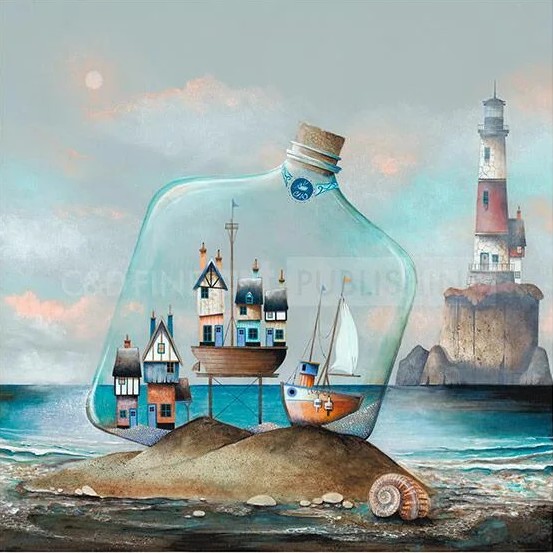 Ammonite by Gary Walton. Limited edition prints. A little seaside village inside a bottle washed up on the beach. Lighthouse in the distance.