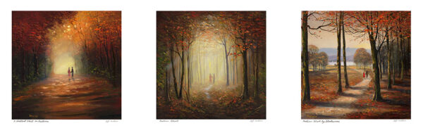Lake District art print Autumn Stroll Trio by Jeff Sudders Three square images if a couple walking in the autumn scenery in oranges reds and browns.