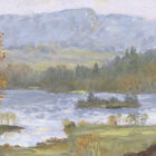 Lake District art print Autumn at Rydal Water by Jeff Sudders of silver birches with orange leaves in front of the tarn and the Yewdale Crags in the distance.