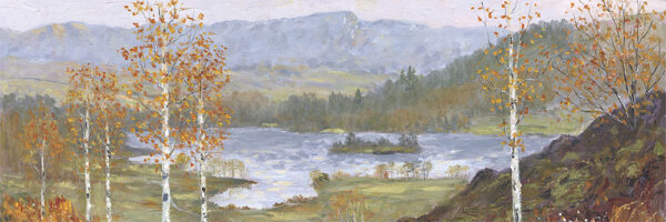 Lake District art print Autumn at Rydal Water by Jeff Sudders of silver birches with orange leaves in front of the tarn and the Yewdale Crags in the distance.