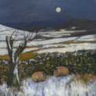Lake District art print Bedding Down for the Night by local artist Jeff Sudders. Sheep huddle by a stone wall in the snow and moonlight.