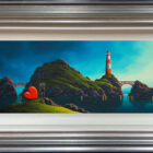 lake district art original oil painting by artist david renshaw featuring Ted and Doris enjoying the evening coast. Lighthouse and bridges featured on an island in the distance. Displayed in a blue silver frame.