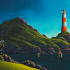 lake district art original oil painting by artist david renshaw featuring Ted and Doris enjoying the evening coast. Lighthouse and bridges featured on an island in the distance.