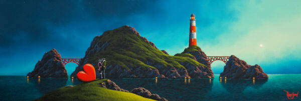 lake district art original oil painting by artist david renshaw featuring Ted and Doris enjoying the evening coast. Lighthouse and bridges featured on an island in the distance.
