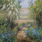 Lake District art original oil painting by Jeff Sudders. blossom and bluebells in borrans lane ambleside springtime florals