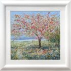 Lake District art original oil painting by local artist Jeff Sudders. Featuring Borrans Park Windermere couple walking under cherry blossom tree by lake