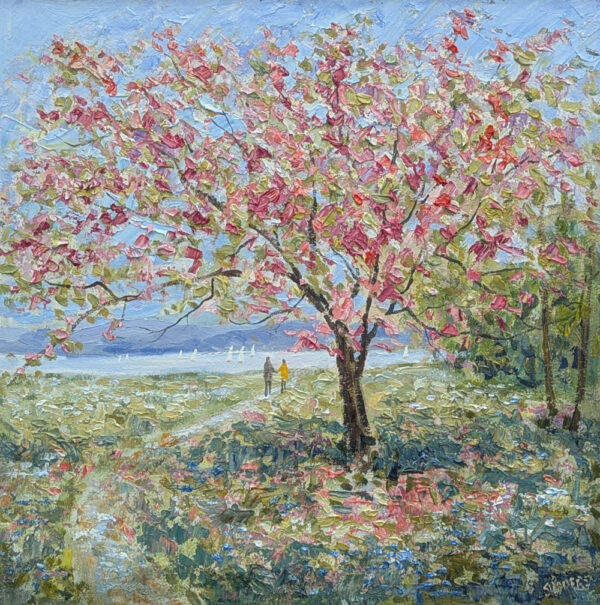 Lake District art original oil painting by local artist Jeff Sudders. Featuring Borrans Park Windermere couple walking under cherry blossom tree by lake
