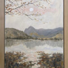 Lake District original oil painting by Jeff Sudders Buttermere II. A lake scene with fells in the distance. Sun high in the sky giving a warm glow. Earthy tones orange leaves in foreground. Displayed on an oak tray frame.