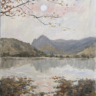 Lake District original oil painting by Jeff Sudders Buttermere II. A lake scene with fells in the distance. Sun high in the sky giving a warm glow. Earthy tones orange leaves in the foreground.