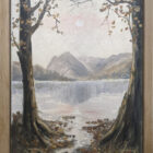 Lake District original oil painting by Jeff Sudders Buttermere. A lake scene with fells in the distance. Sun high in the sky giving a warm glow. Earthy tones and two trees in the foreground. Displayed in an oak tray frame.