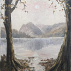 Lake District original oil painting by Jeff Sudders Buttermere. A lake scene with fells in the distance. Sun high in the sky giving a warm glow. Earthy tones and two trees in the foreground.