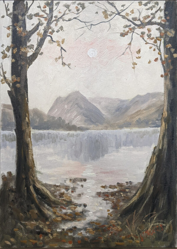 Lake District original oil painting by Jeff Sudders Buttermere. A lake scene with fells in the distance. Sun high in the sky giving a warm glow. Earthy tones and two trees in the foreground.