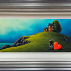 lake district art original oil painting by artist david renshaw featuring Ted and Doris walking up to a cosy house on a cliffside sea and dark blue skies in the distance. Displayed in a blue silver frame.