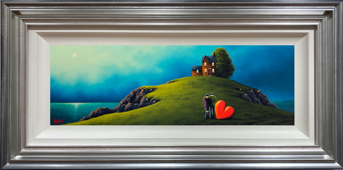 lake district art original oil painting by artist david renshaw featuring Ted and Doris walking up to a cosy house on a cliffside sea and dark blue skies in the distance. Displayed in a blue silver frame.