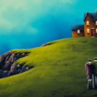 lake district art original oil painting by artist david renshaw featuring Ted and Doris walking up to a cosy house on a cliffside sea and dark blue skies in the distance.