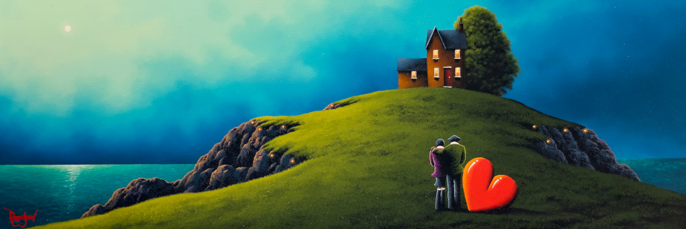 Complete Serenity by David Renshaw 32x11 product image lake district art original oil painting by artist david renshaw featuring Ted and Doris walking up to a cosy house on a cliffside sea and dark blue skies in the distance.