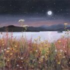 Lake District art by Jeff Sudders Dancing in the Moonlight Ullswater. A summer scene with colourful wildflowers contrasting with the dark mountains and sky with a bright full moon
