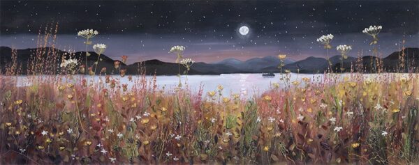 Lake District art by Jeff Sudders Dancing in the Moonlight Ullswater. A summer scene with colourful wildflowers contrasting with the dark mountains and sky with a bright full moon
